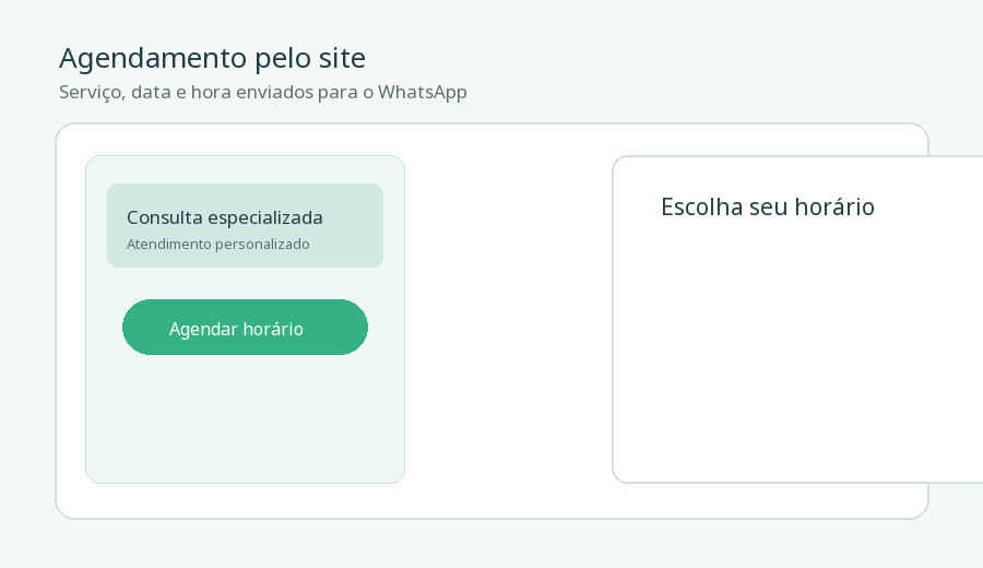 Animação mostrando a escolha de serviço, data e hora e o envio do pedido pelo WhatsApp